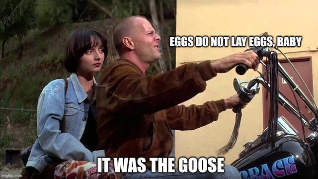 Another iconic scene from Pulp Fiction: Bruce Willis and Maria de Medeiros on chopper: "Eggs do not lay eggs, baby. It was the goose"